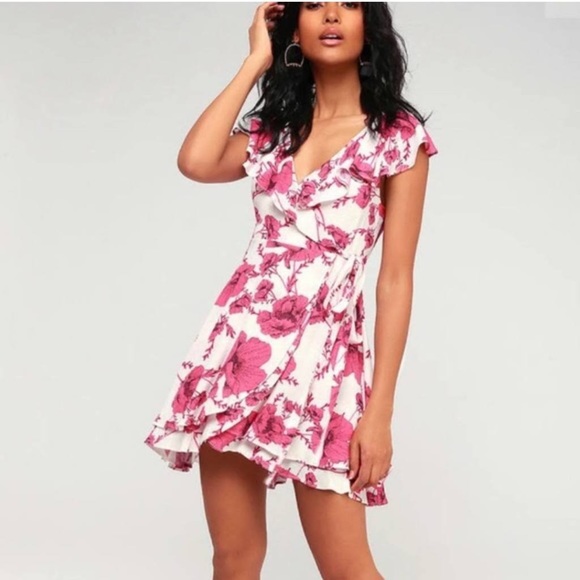 Free People French Quarter Print Wrap Flutter Sleeve Minidress, Pink Cream Combo - Picture 5 of 8